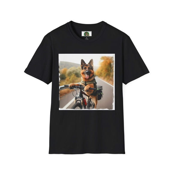 German Shepherd Dog Road Biking! Unisex Softstyle T-Shirt