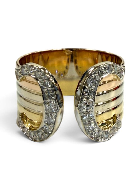 Pre-Owned Cartier 750 (YG PG WG) Diamond 2C Double C Large LM Three-Color Ring, Yellow Gold,...