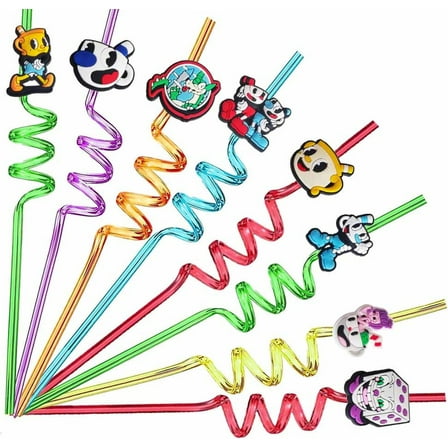Cuphead Party Favors Drinking Straws Reusable Plastic Beverages Birthday Supplies Decoration 8pcs