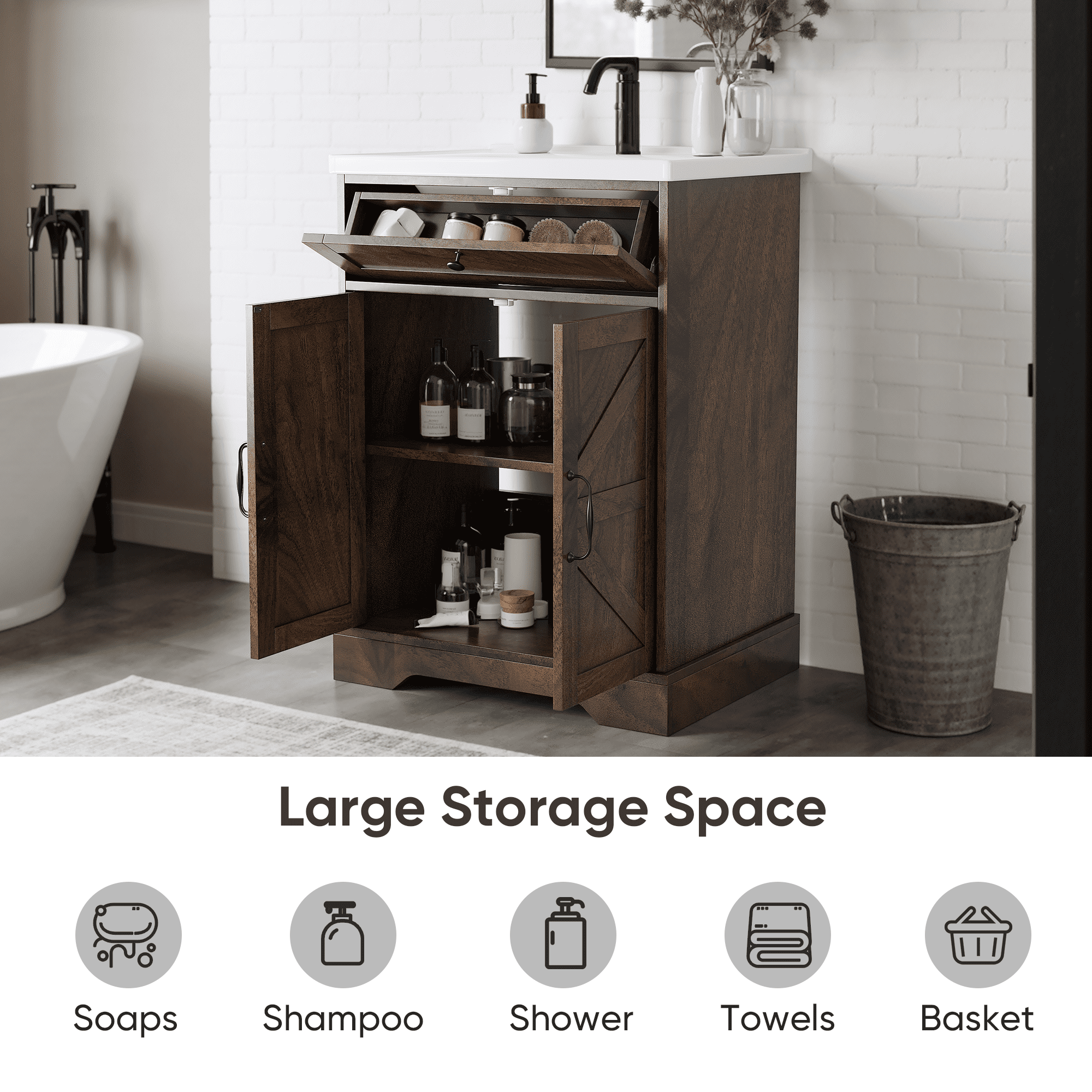 Smuxee 24" Bathroom Vanity with Integrated Sink Top, Bathroom Storage Cabinet with Flip Drawer & Doors, Walnut