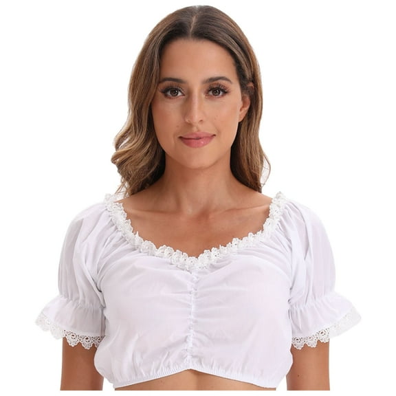 Oktoberfest Dirndl Blouse Women 2025 Short Sleeve Lace Trim Pleated Dirndl Shirt Oktoberfest Top Traditional Outfit