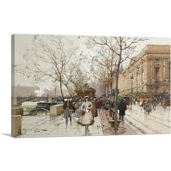 ARTCANVAS The Quays Of The Louvre Canvas Art Print by Eugene Galien-Laloue - Size: 12" x 8" (0.75" Deep)