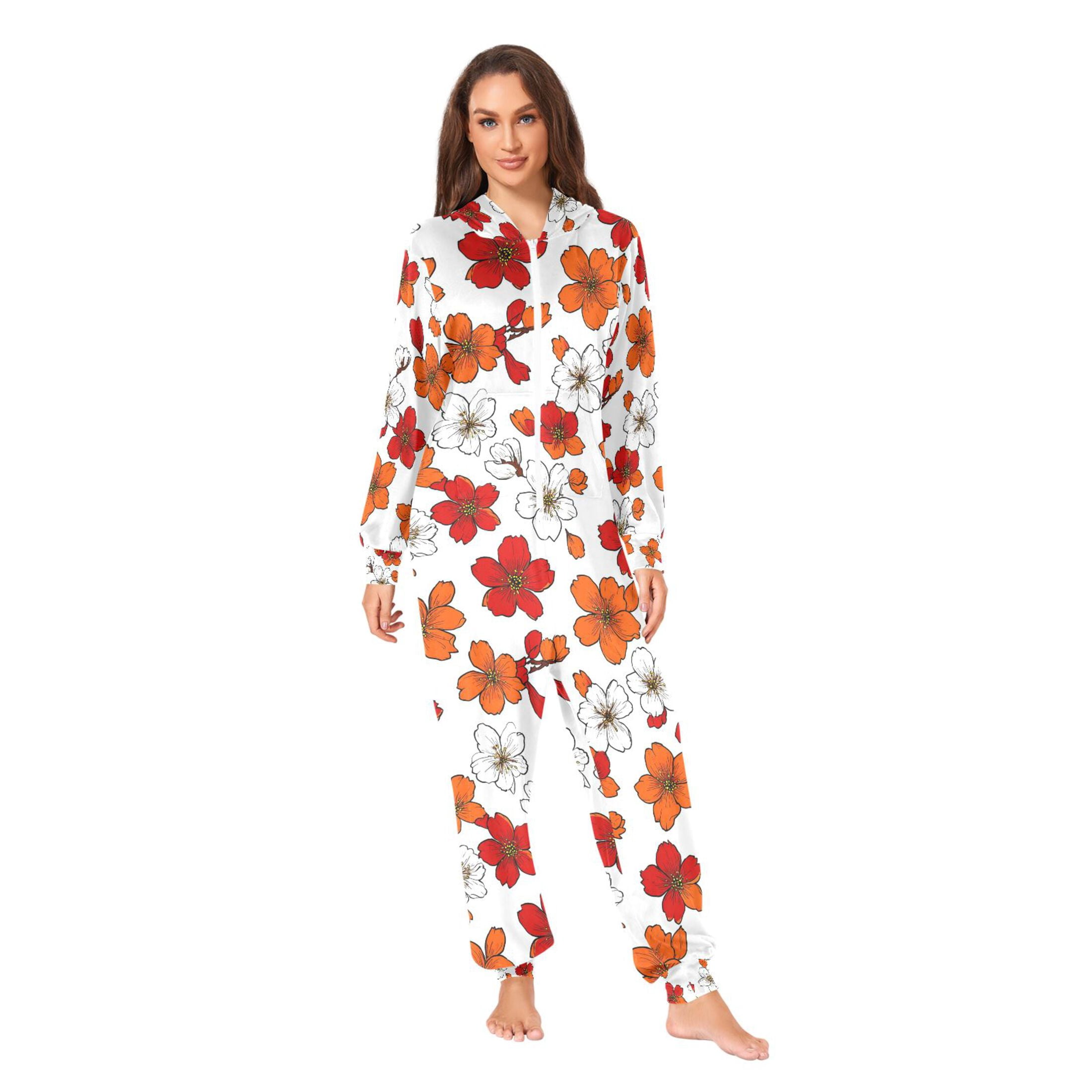 Adult Christmas Onesie Cute Flowers Adult Zipper One-Piece Pajamas Unisex Pajamas with Pockets