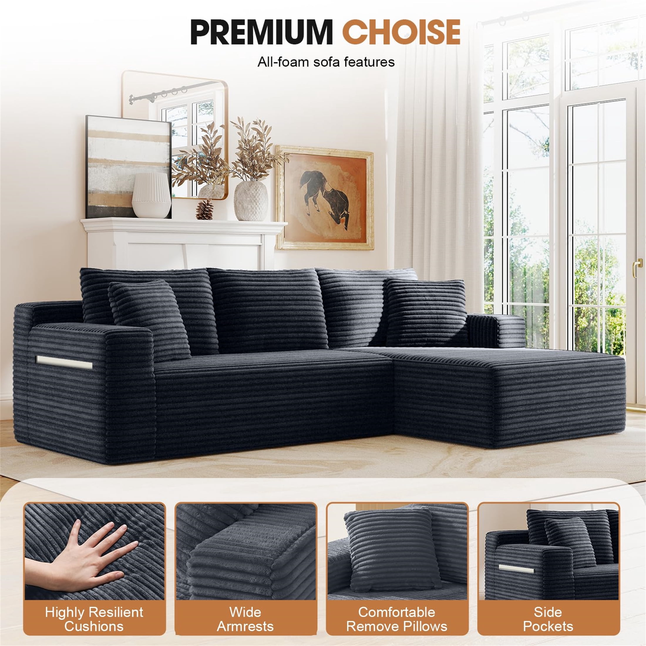 Aukfa 95" Cloud Sectional Sofa Deep Seat Boneless Couch Modular L-Shaped Couch, Right Chaise Corduroy Sofa for Living Room, Dark Gray