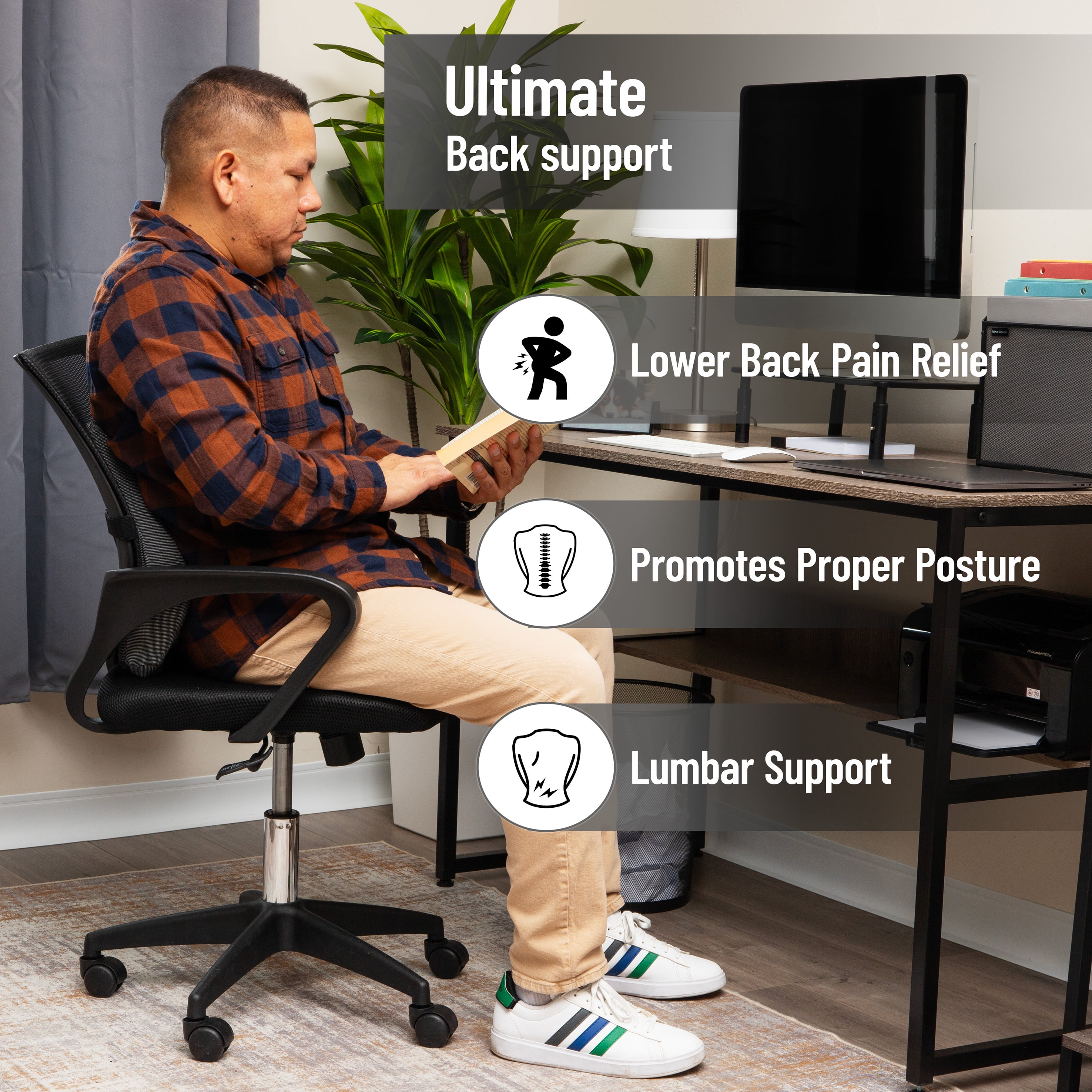 Mind Reader Lumbar Support Cushion for Office Chair, Memory Foam and Cooling Gel Core, Black