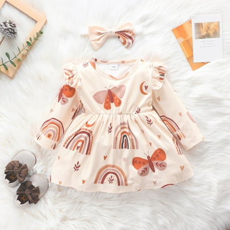 

Hunpta Infant Girls Long Sleeve Ruffles Butterfly Prints Dresses Toddler Princess Dress Headbands Set