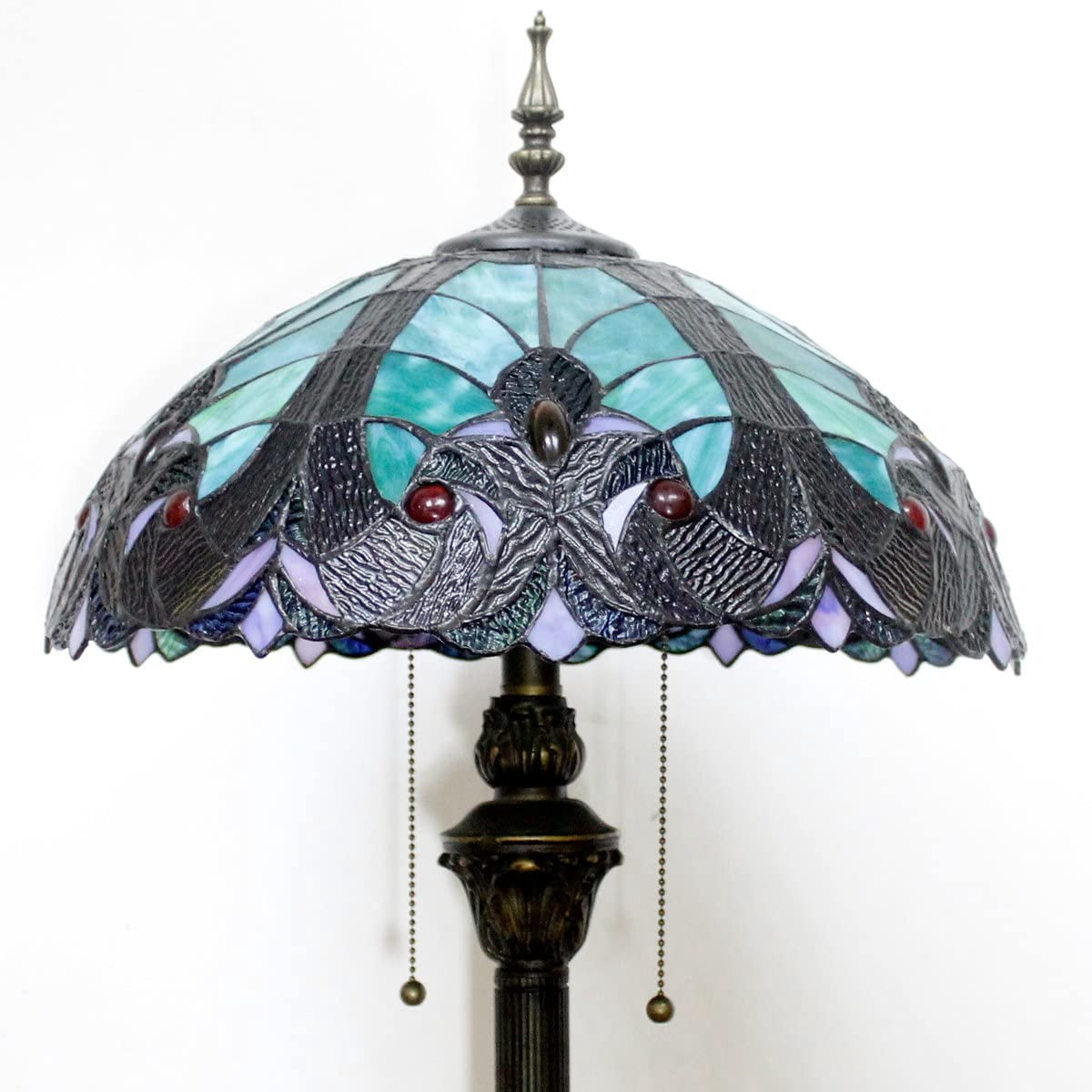 Tiffany Floor Lamp W16H64 Inch Green Stained Glass Liaison Style Shade 2E26 Antique Standing Reading Lighting Base S160G LAMPS Bedroom Coffee Table Living Room Bookcase Dresser Lover Gifts