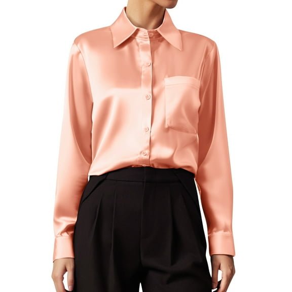 Women's Fashion Satin Long Sleeve V Neck Solid Color Business Shirt Top 1