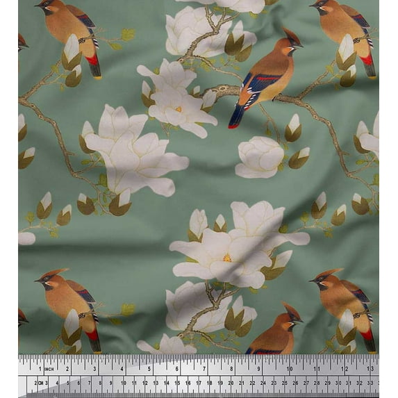 Soimoi Green Poly Crepe Fabric White Floral & Bird Fabric Prints by Yard 52 Inch Wide