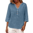 thumbnail image 5 of MVRLSH Womens Tops Shirts Blouse Casual 3/4 Sleeve V Neck Button Solid Plus Size Breathable Summer Top Loose Fit Linen Blouses Blue - XXXXL, 5 of 7
