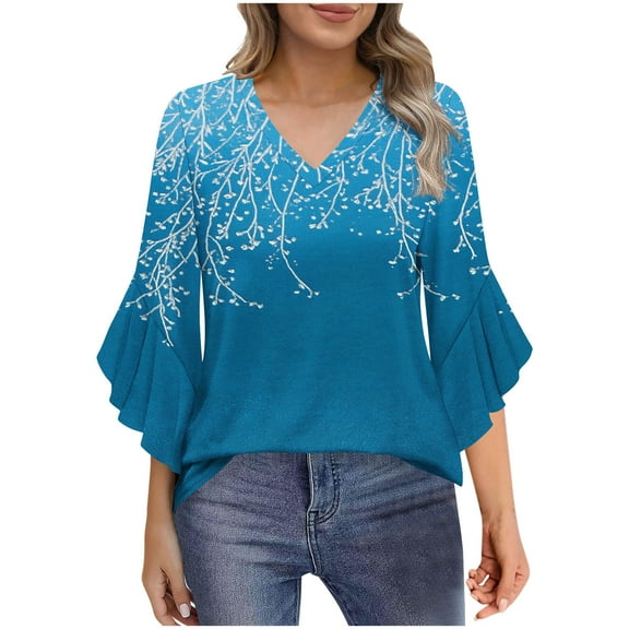 Ruimatai Women's V Neck 3/4 Sleeve Flared Blouse Casual Loose Fit Printed Tops Comfortable Flowy T-Shirt Fashion Floral Shirt