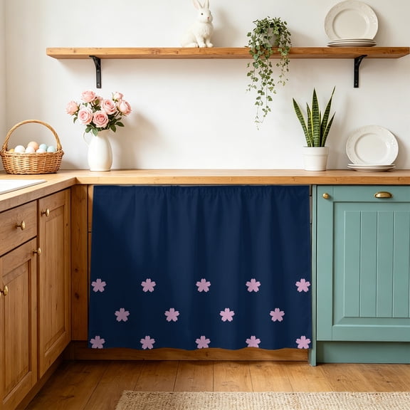 Pink Flower Cabinet Curtain 28"Wx35"L, Dustproof Under Sink Skirt with Self Adhesive Tape, Japanese Style Floral Navy Blue Cabinet Curtain Cover for Bathroom Vanity, Kitchen Sink, Laundry Room