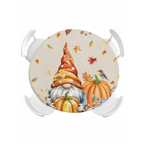 Round Tablecloth Gnomes Fall Thanksgiving Elastic Edge Fitted Boho Pumpkin Leaves Orange Plastic Table Cover,Waterproof Oil Proof for Dinner,Outdoor, Picnic, 36" - 44" DIA Tables