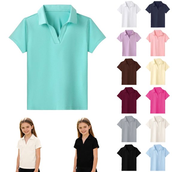 lnmuld Kids Solid Polo Shirt Notched V Collar Short Sleeve School Uniform Casual Top Color:Mint Green,Size:13-14 Years