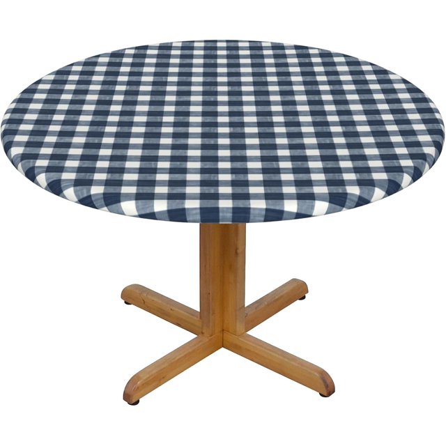 Round Fitted Tablecloth 54 Inch, Blue Jeans Gingham Round Fitted Tablecloth Elastic Tablecloth Waterproof Table Cloth Cover Farmhouse Table Cover for Dining Table, Buffet Parties and Camping