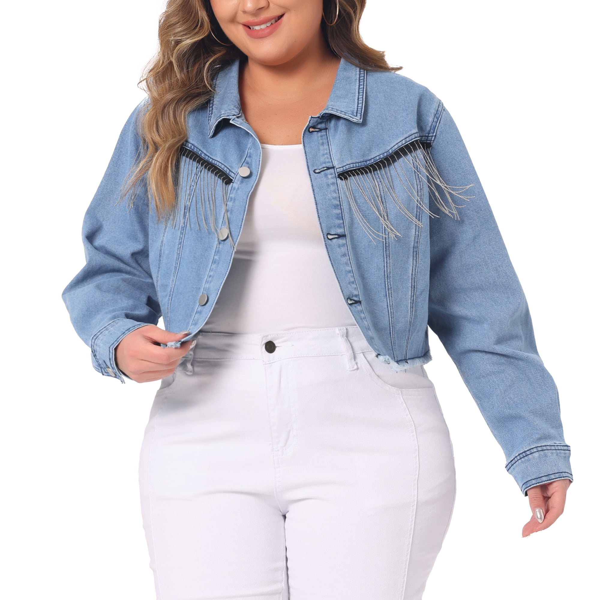 DARING DIVA Women's Plus Cropped Button Frayed Hem Tassel Crop Jean Jackets 3X Blue