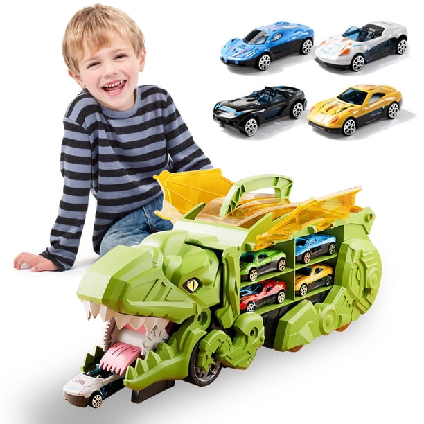 Camión de dinosaurio transformable de juguete con pista de carreras, Ultimate City Dinosaur Hauler incluye 4 autos, presenta doble transformación, deglución interactiva y almacenamiento conveniente