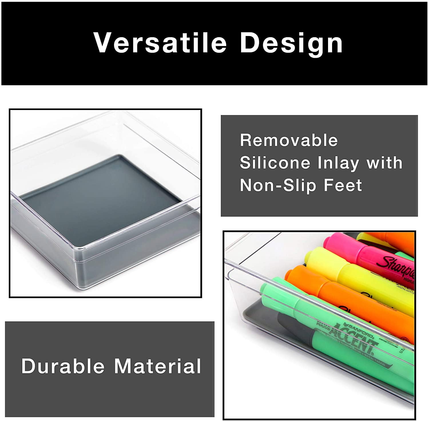 Smart Design Plastic Drawer Organizer - Set of 6 - 6 x 6 Inch - Silicone Bottoms - BPA Free - Utensils, Silverware, Organization - Kitchen - Gray