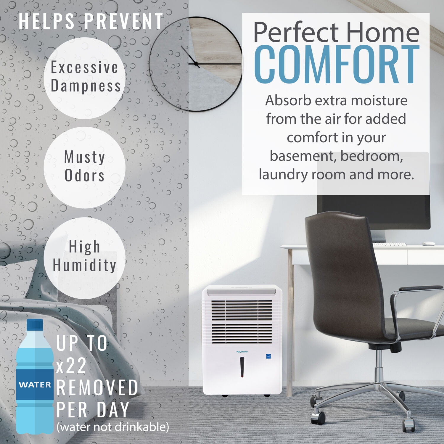Keystone 22 Pt 1,500 Sq ft Dehumidifier in White, Energy Efficient, Bucket Full Indicator, KSTAD224D