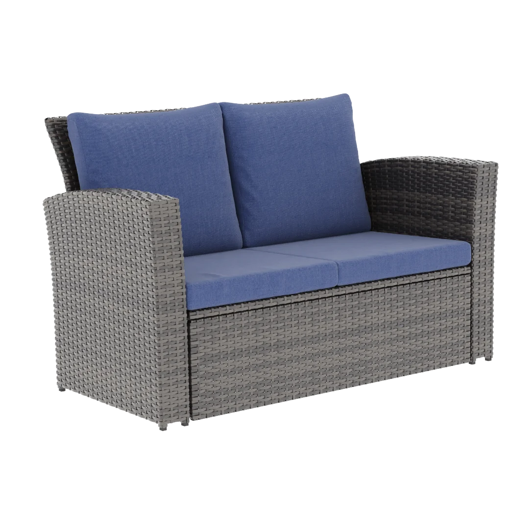 CozyHom 4 Pcs Outdoor Patio Furniture Sets Wicker Sofa Sets, Rattan Conversation Sofa Sets With Cushion For Backyard Lawn Garden And Porch Deck, Blue