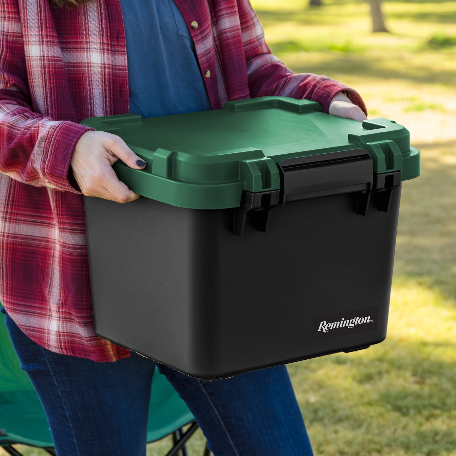 Remington 30 Qt Heavy Duty Trail Box, Stackable Storage Bin with Latching Lids, Black, 4Pk