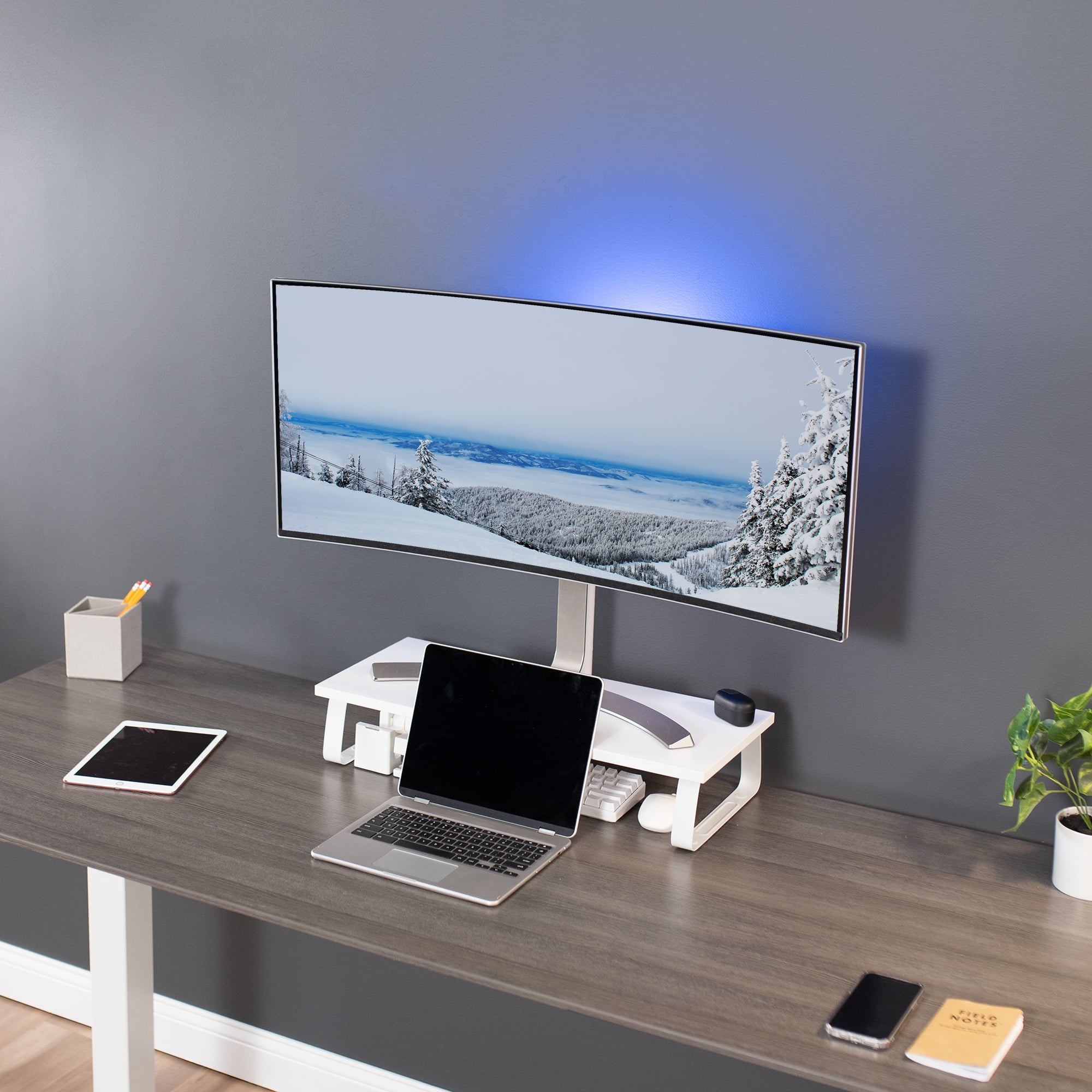 VIVO White Wood 24" Wide Desktop Stand Ergonomic TV Monitor Riser Desk Organizer