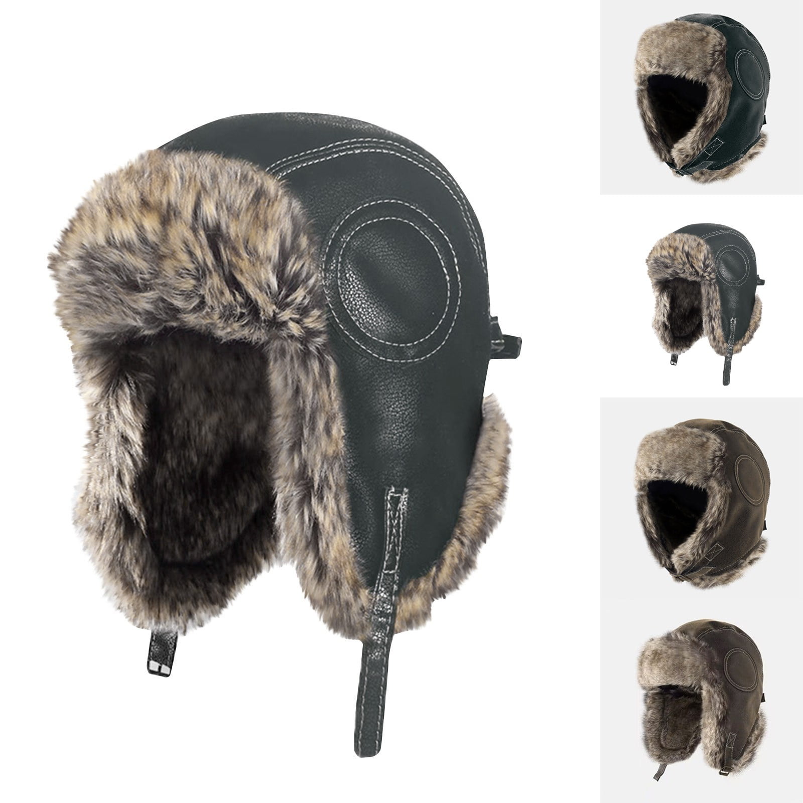 HYwys Men Faux Fur Suede Leather Trapper Hat Cap Ski Ushanka