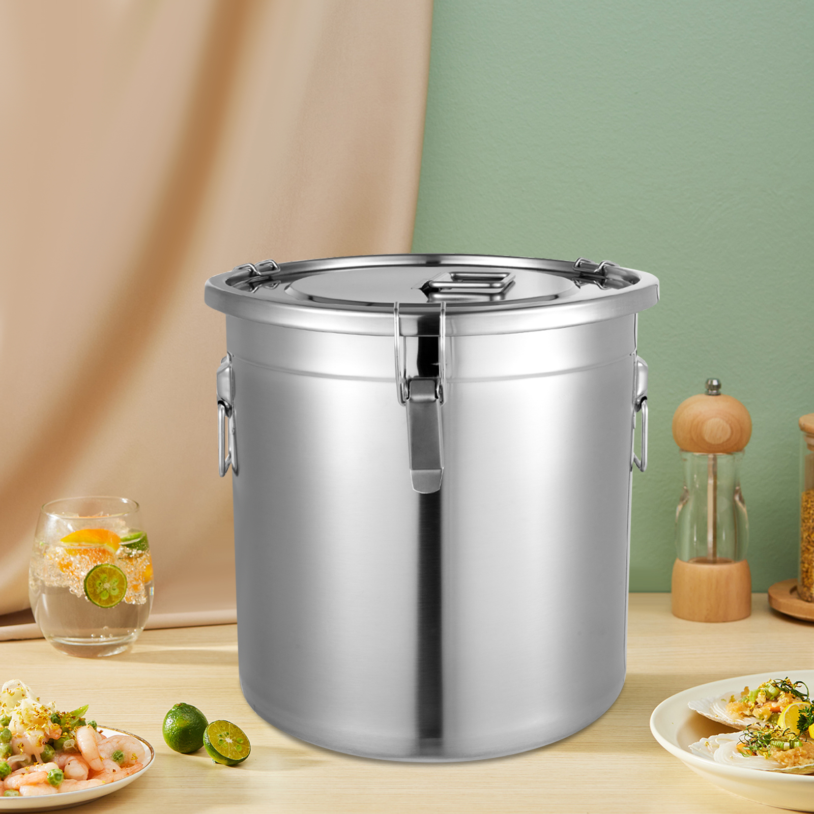 33L Stainless Steel Storage Bucket with Airtight Lid, Food-Grade