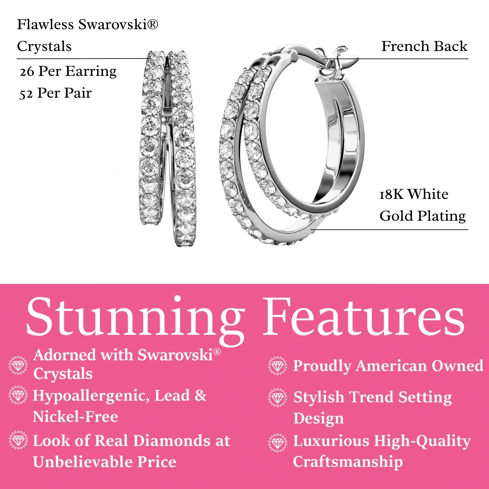 Cate & Chloe Corina 18k White Gold Plated 20mm Hoop Earrings with Swarovski Crystals Gift for Women