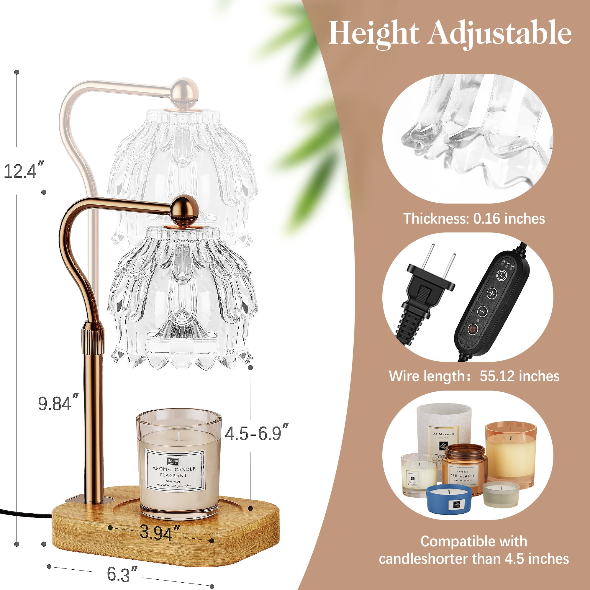 Candle Warmer Lamp with Timer Dimmer, Modern Wax Warmer for Scented Wax Jar Candle Warmer with 2 Bulbs, Adjustable Height Glass Lamp for Gifts,House Warming Gifts, Home Decor, Transparent