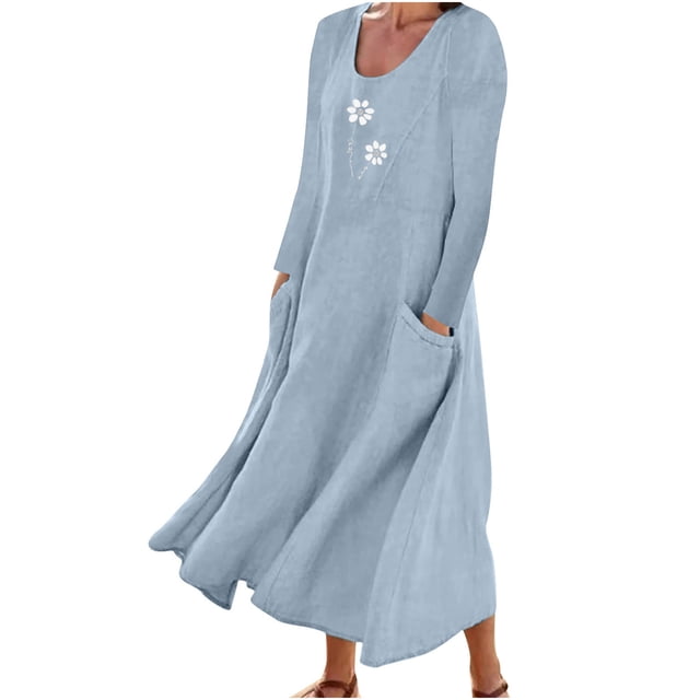 Robe en Lin de Coton pour Femmes Col Rond Imprimé Manches Longues Décontractée Ample Fluide Vacances Longue Robe avec Poches
