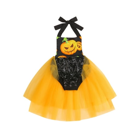 

Meihuida Baby Pumpkin Print Romper Sleeveless Halter Jumpsuit with Sequins
