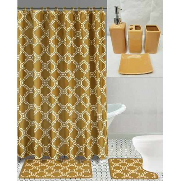19PIECE BATHROOM SET 2RUGS/MATS NON SLIP, 1 FABRIC SHOWER CURTAIN
