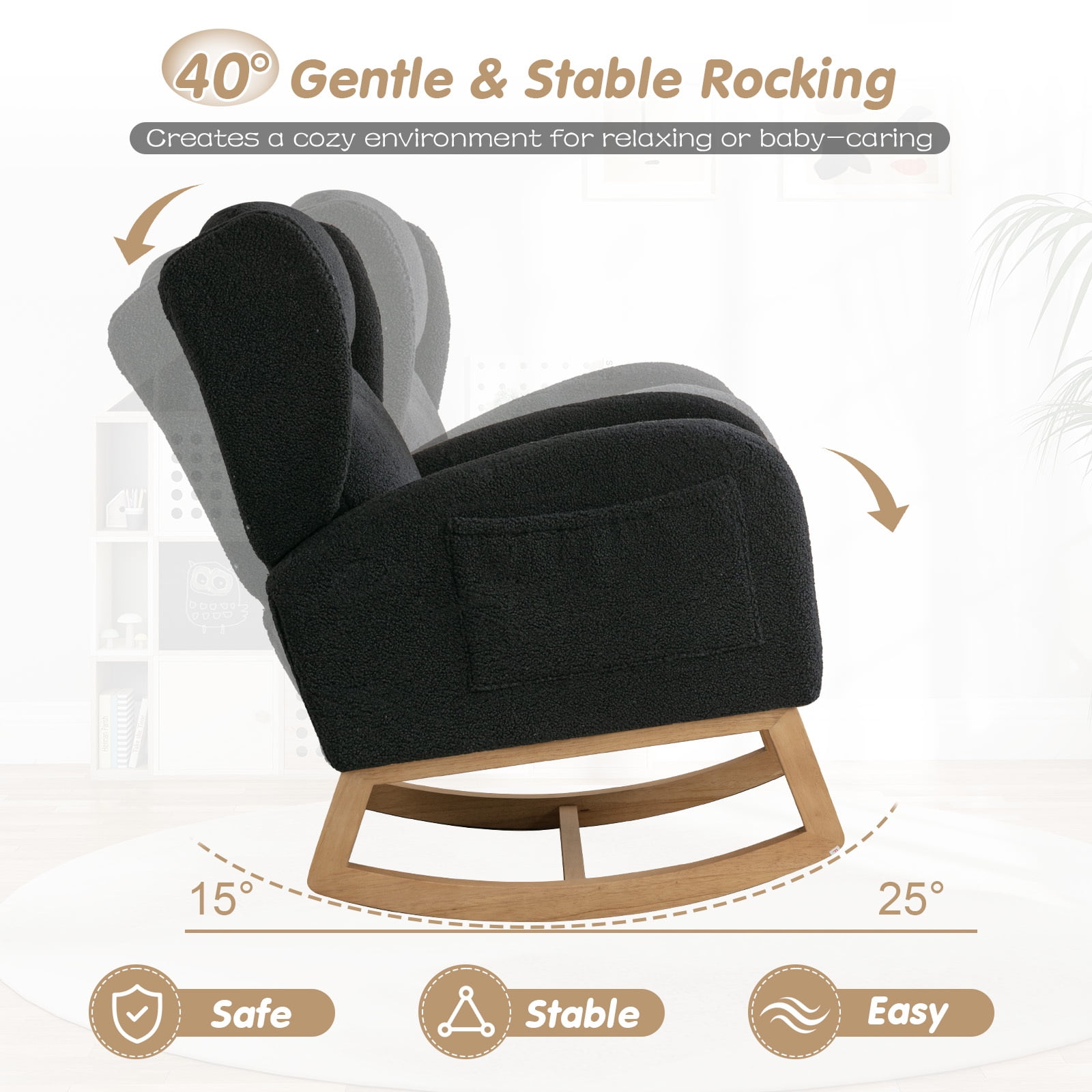 Lunale Indoor Rocking Chair, Upholstered Accent Rocker Chair with Wood Legs, Black Teddy