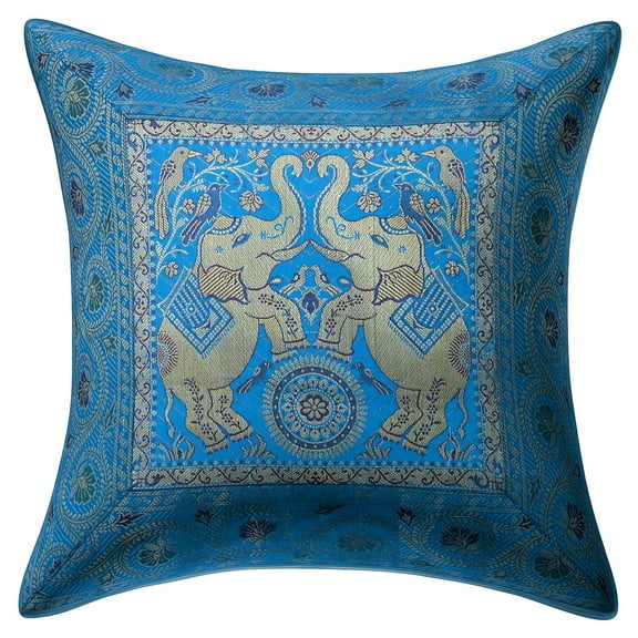 Stylo Culture Indian Couch Throw Pillow Cover 16 x 16 Jacquard Turquoise Square 40 x 40 cm Home Decor Brocade Elephant Floral Zippered Cushion Cover | 1 Pc