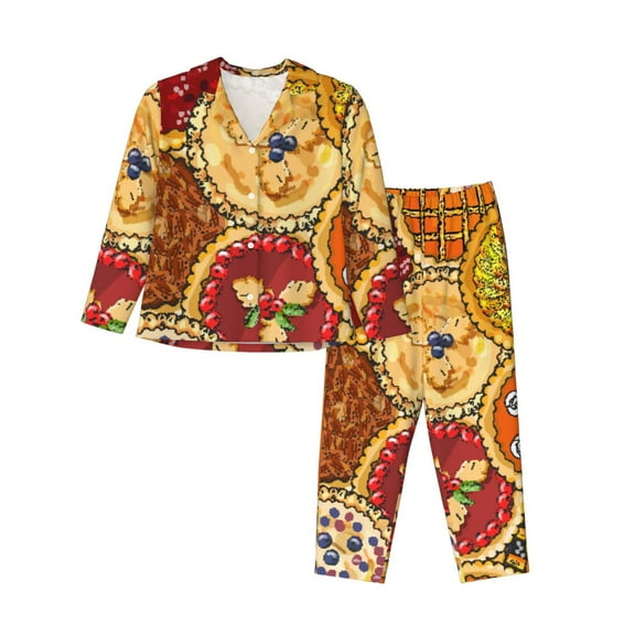 Logiee Pies Print Womens Pajamas Set,Long Sleeve Sleepwear,Button Down Lounge Set 2 Pieces,Soft Nightwear Pjs Set-Small