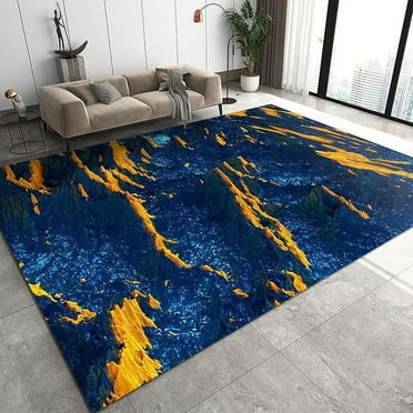 Blue And Yellow Abstract Marble Area Rugs, 3D Relief Mountain Scenery Living Room Carpet, Bedroom Rug Non-Shedding Non-Skid Apply To Door Mats Porch Office 4 x 5ft