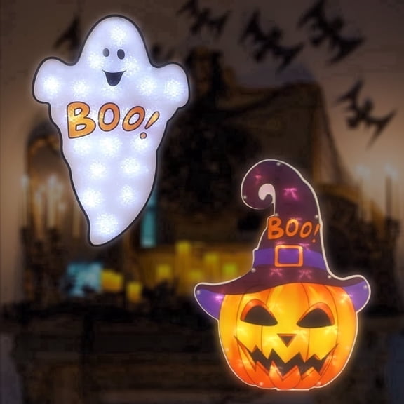 2Pcs Halloween Plug-in LED Window Silhouette Lights, Boo Ghost Jack O Lantern Decor Lights with Suction Cups