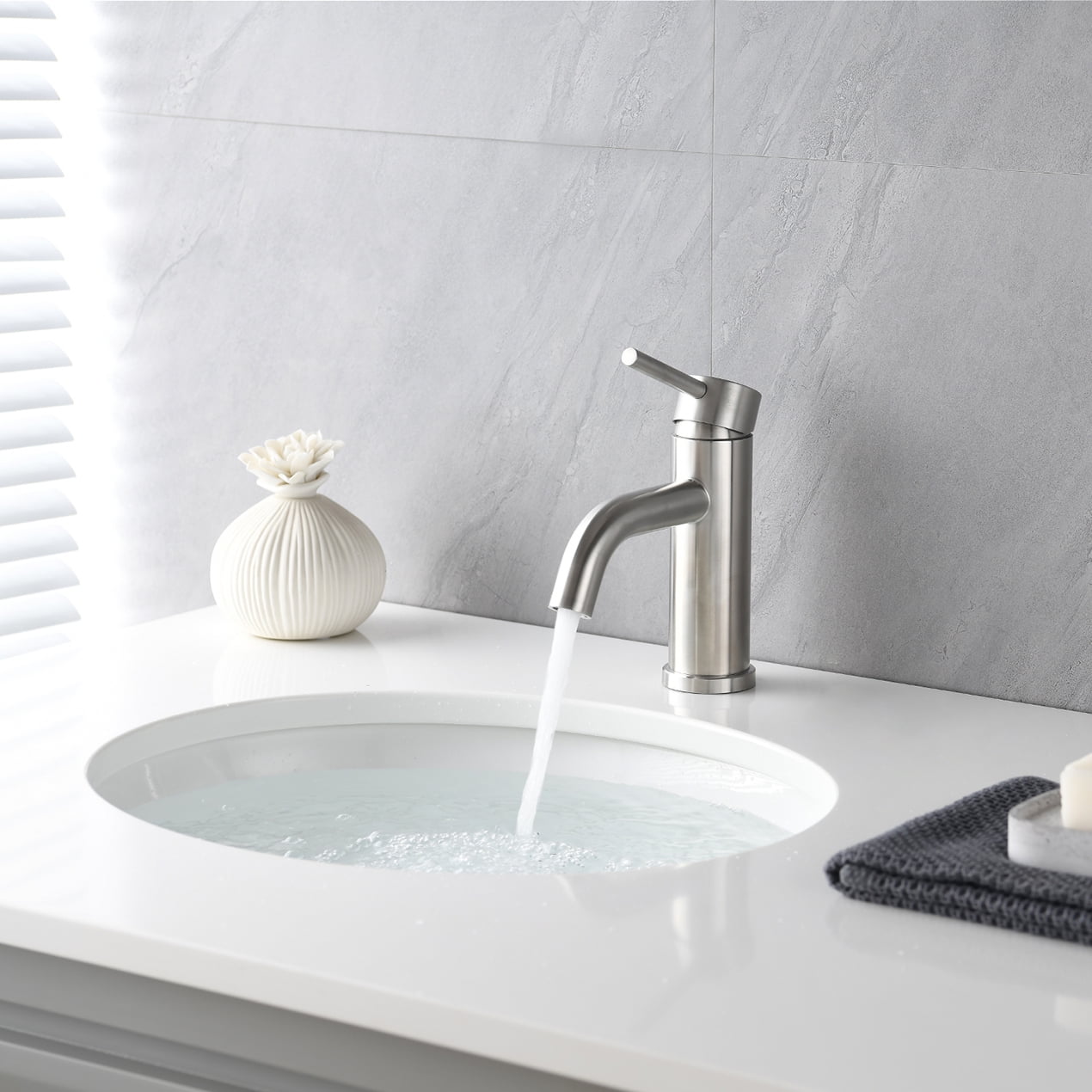 Lisonu Modern Waterfall Bathroom Faucet, Single Hole Vanity Faucet in Brushed Nickel, ADA Compliant Stainless Steel, 6.57" High