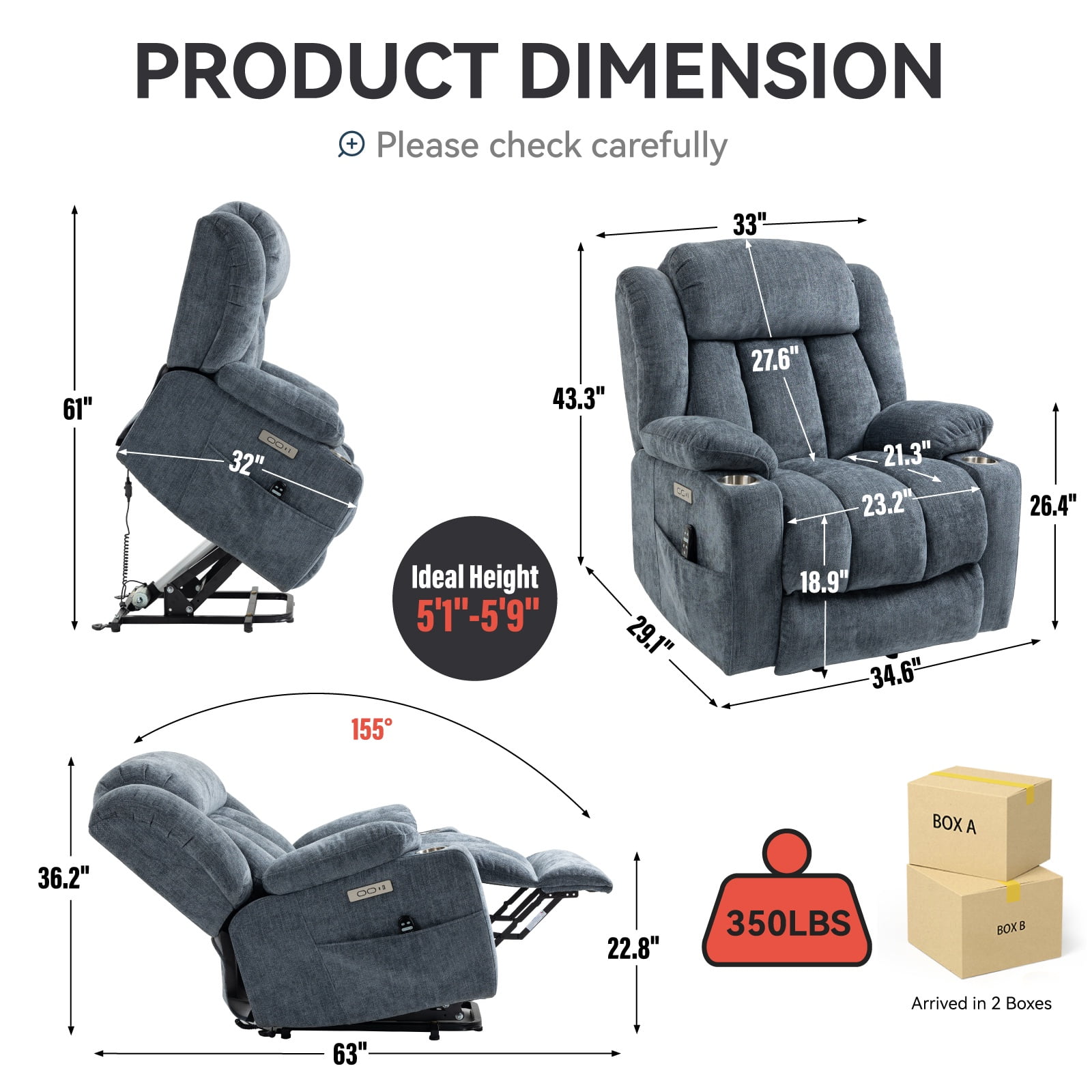 Power Lift Recliner Chair for Elderly with Massage & Heat, Heavy Duty 350 lbs Capacity,Electric Reclining Chair with USB Ports, Cup Holders, Pillow Top Arms, Medium-Firm Blue Chenille
