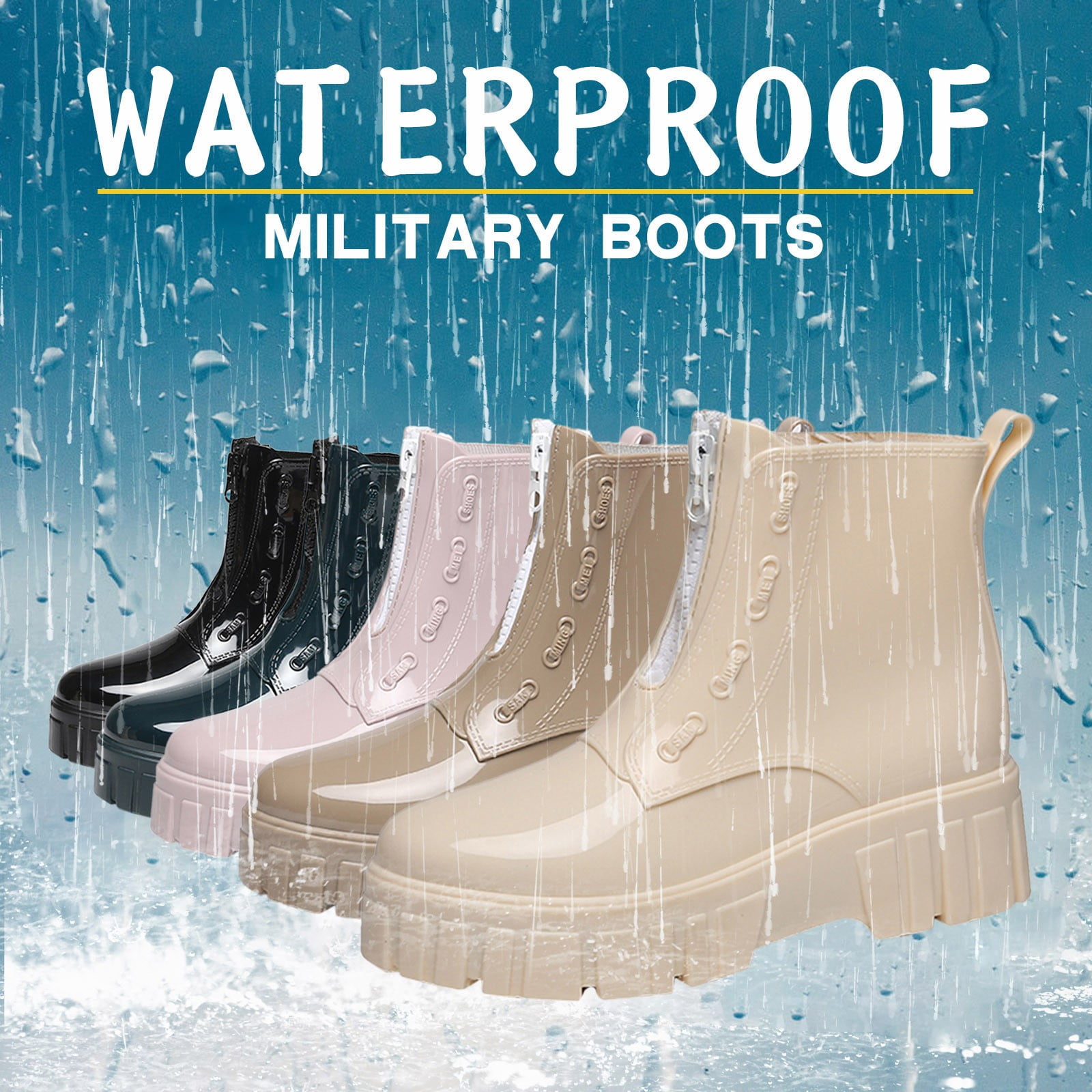Mepaouo Women's Fashion Zipper Rain Boots Waterproof Platform Rubber Work Chelsea Ankle Booties