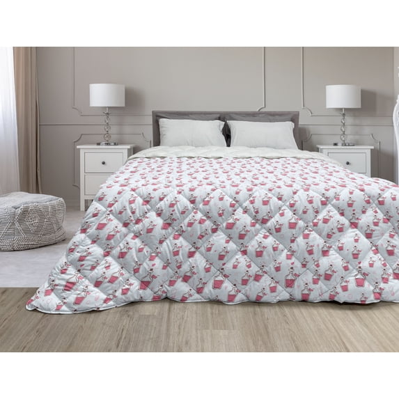 Feminine Down Alternative Comforter, Pattern with Funny Doodle Elements Bowtie Ladybird Diamond and Kitty, Microfiber Quilt for All Season, 5 Sizes, Fuchsia and Blue, by Ambesonne
