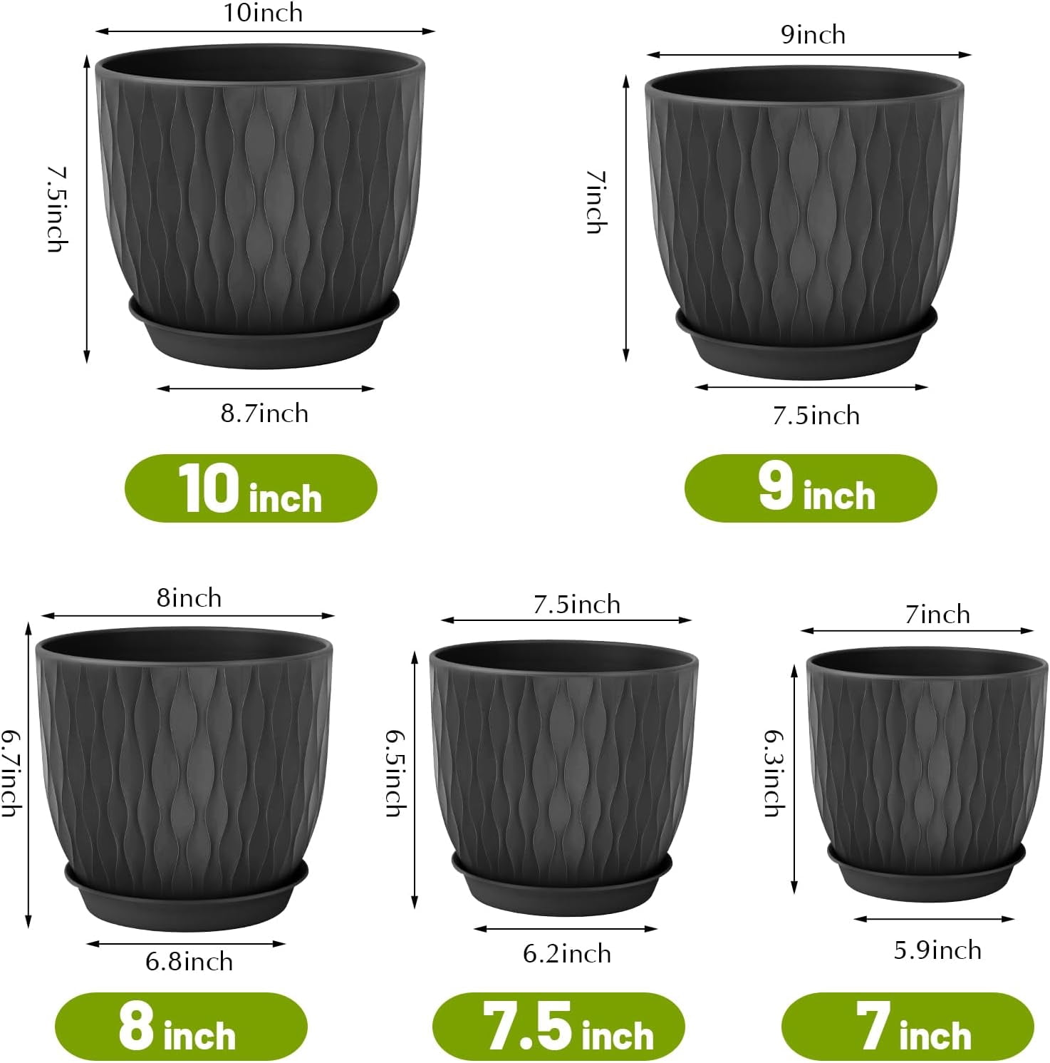 Set of 5 Plastic Plant Pots, 10 9 8 7.5 7 Inch Flower Planters with Drainage & Saucers, Black