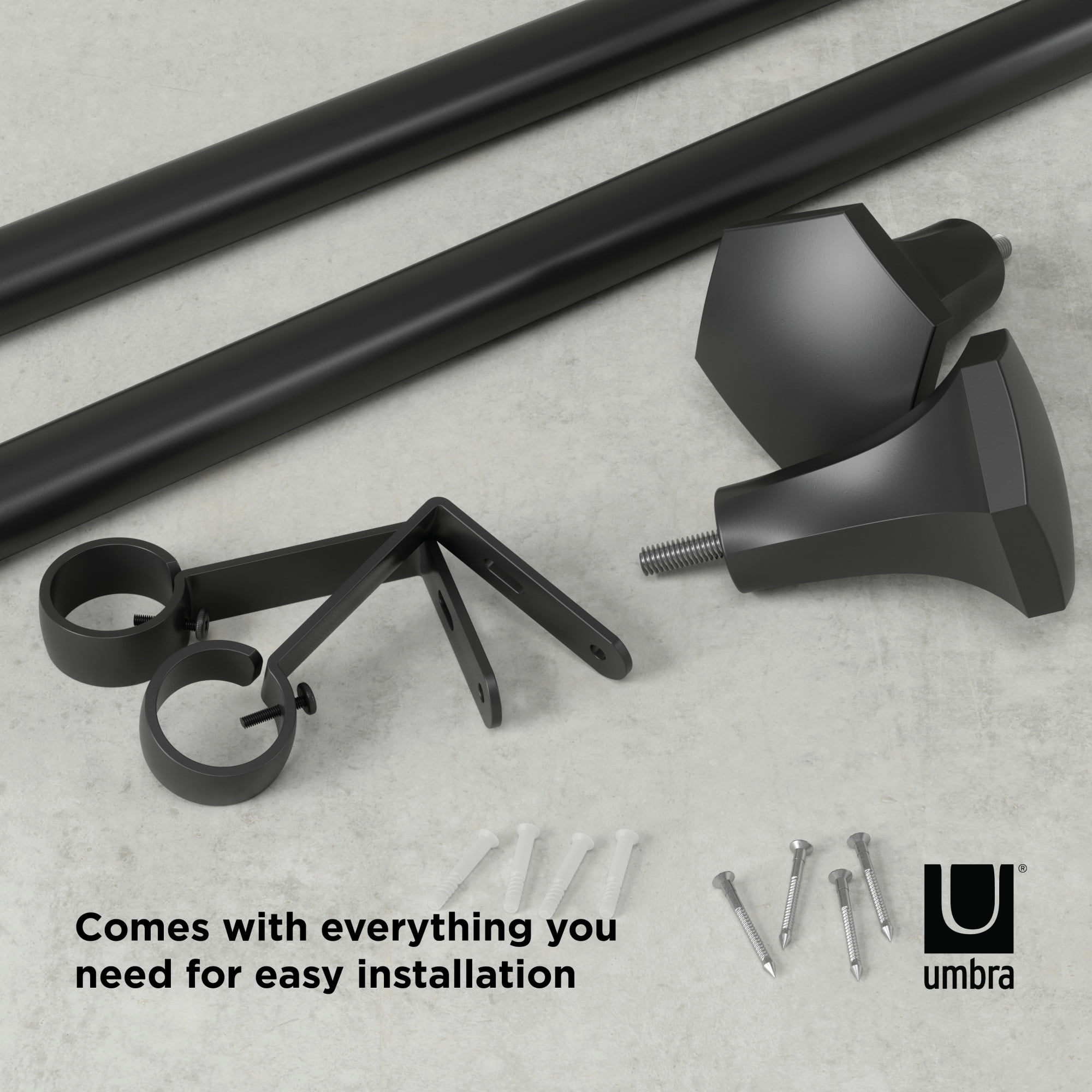 Umbra Sita Adjustable Curtain Rod, Matte Black Finish, 1-inch Diameter, 72-144 Inches