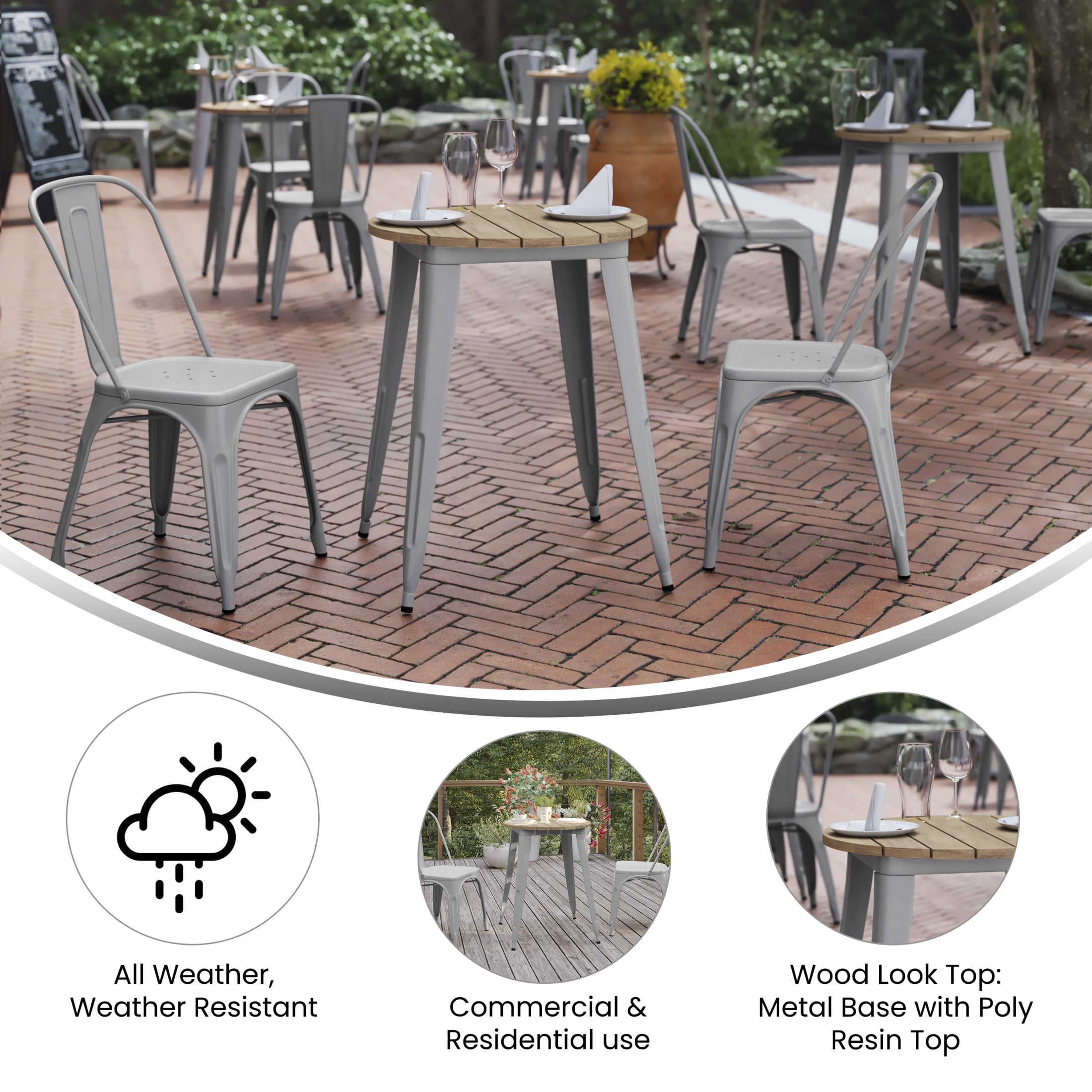 Flash Furniture Declan Commercial Grade Indoor/Outdoor Dining Table, 23.75" Round All Weather Brown Poly Resin Top with Silver Steel Base