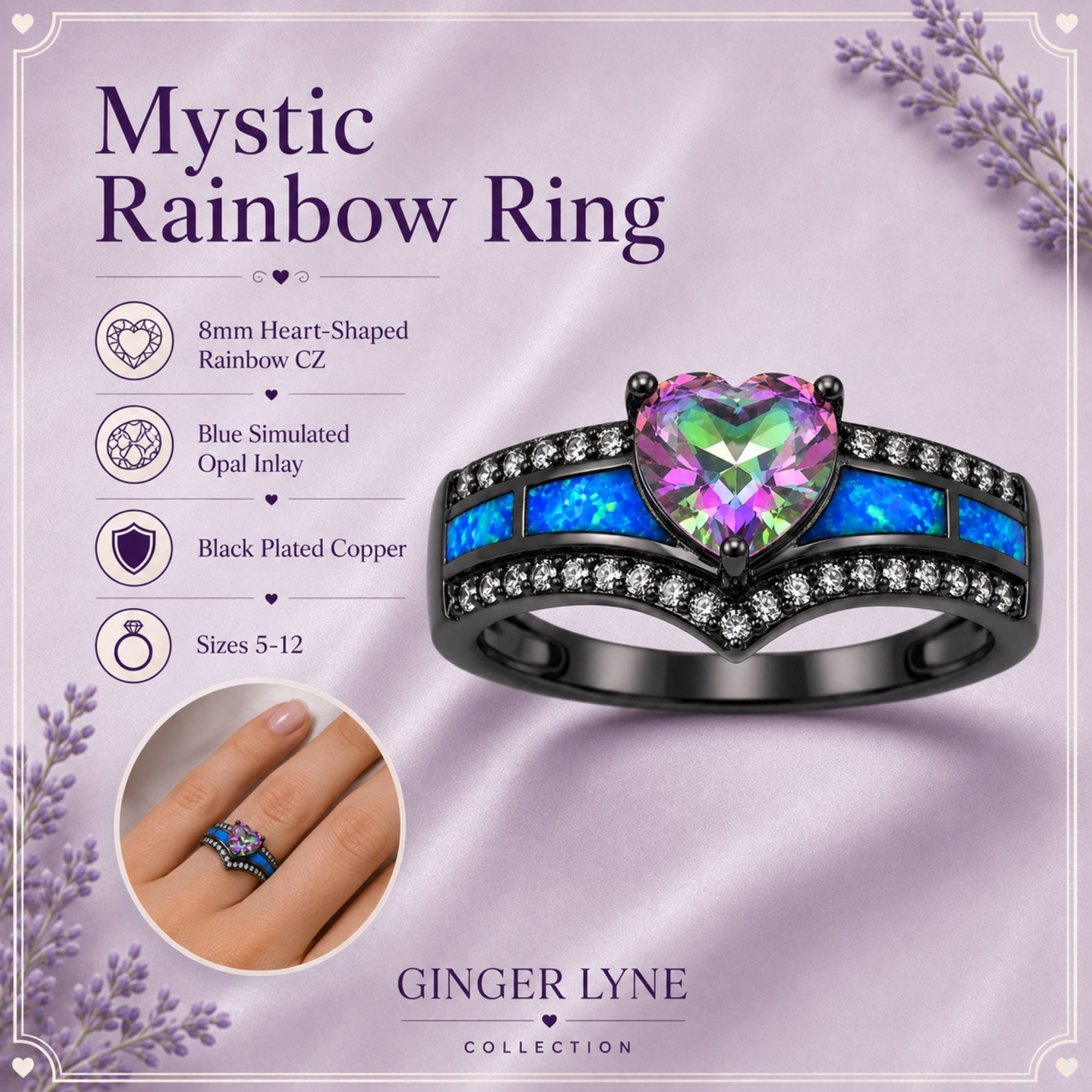 Black Engagement Ring for Women Mystic Topaz CZ Heart Promise Ring  Gift for Her Ginger Lyne