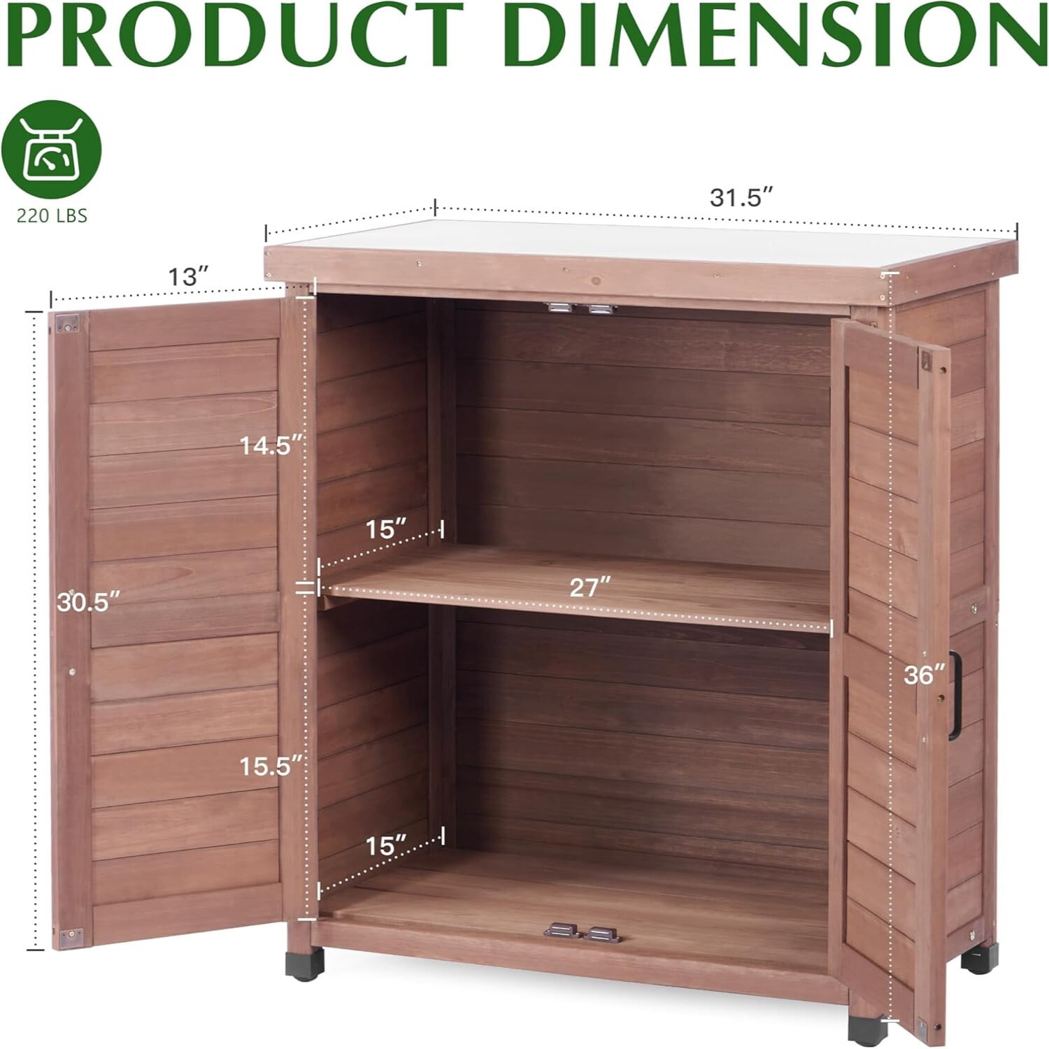 Easy4Home Wooden Outdoor Storage Cabinet with Metal Top Potting Bench Table Garden Workstation, Dark Brown