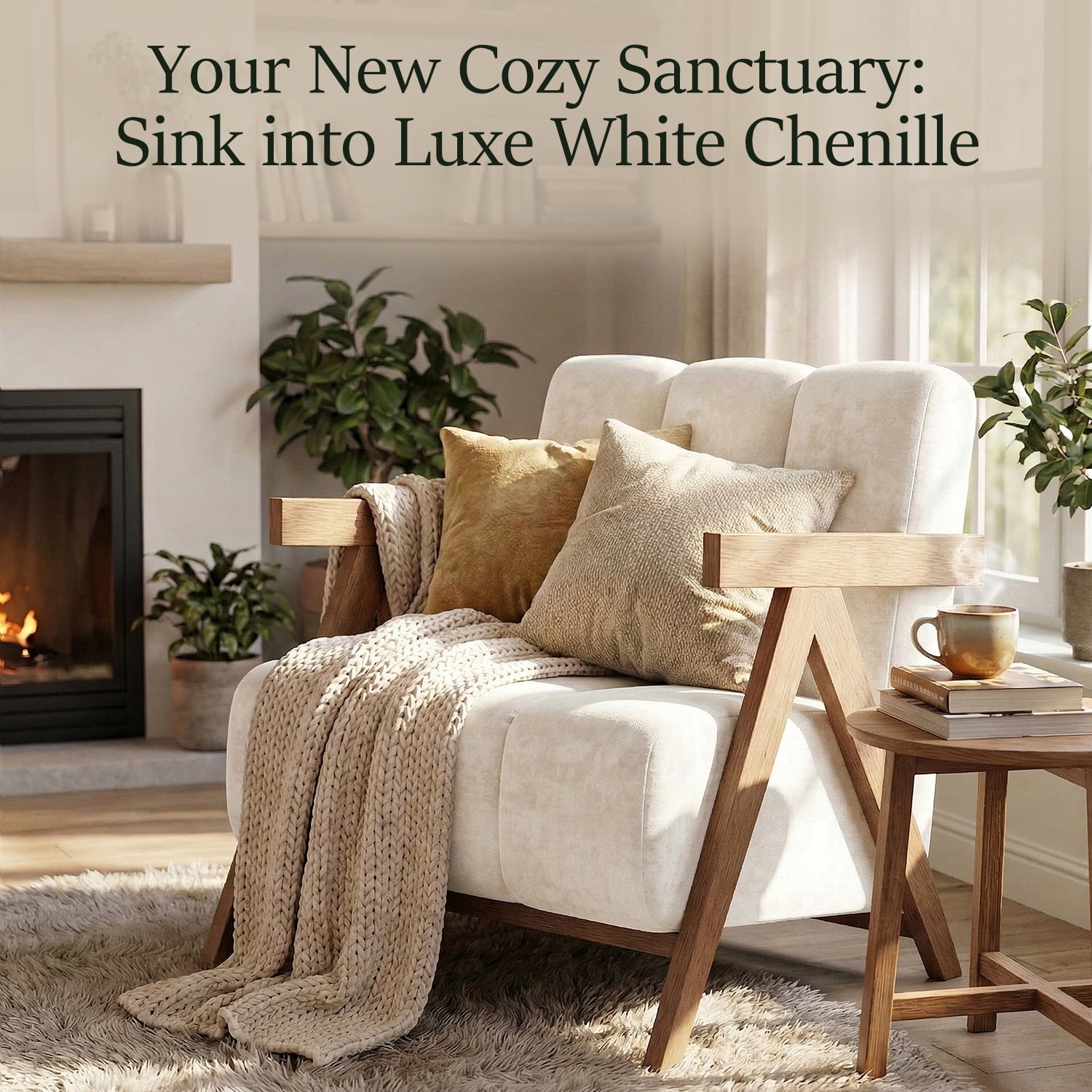 Modern Accent Chair for Living Room Bedroom,Comfy Chenille Reading Chair with Wood Frame,Upholstered Lounge Armchair with Thick High-Elastic Sponge for Apartment & Waiting Room,White