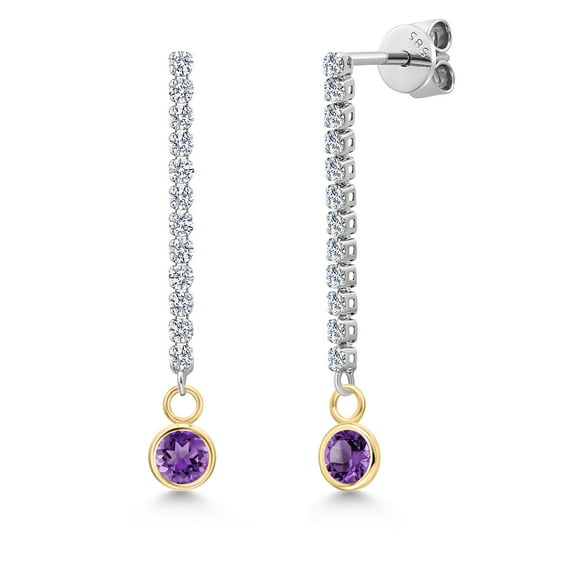 Gem Stone King 14K Two Tone Gold Purple Amethyst and Lab Grown Diamond Earrings for Women | 0.86 Cttw | Gemstone February Birthstone | Round 4MM