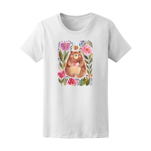 Watercolor Bear With Flowers T-Shirt Women -Image by Shutterstock, Female XX-Large